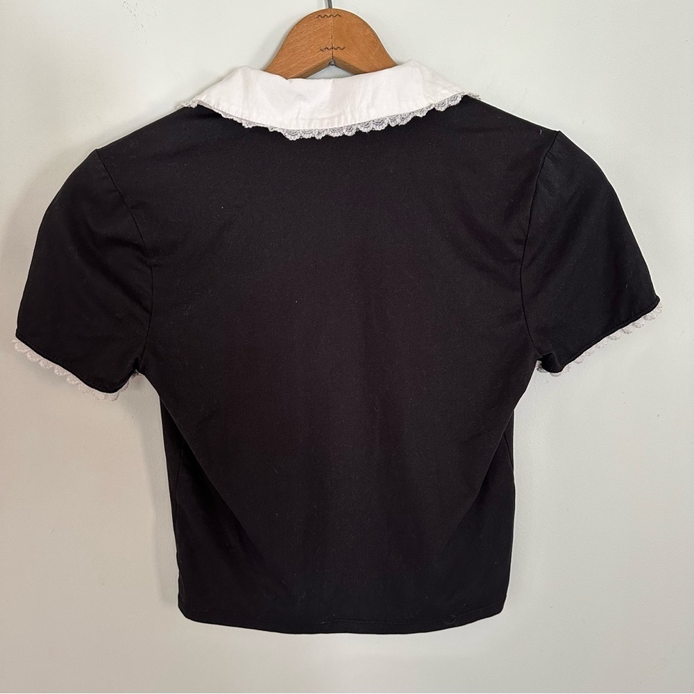 Mushroom Embroidered Lacey Collared Cropped Tee Size Small - Picture 6 of 11